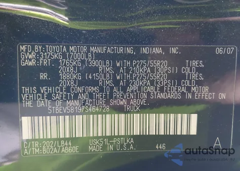 2007 Toyota Tundra Limited 5.7L V8 from USA, damaged, VIN 5TBEV58197S464728